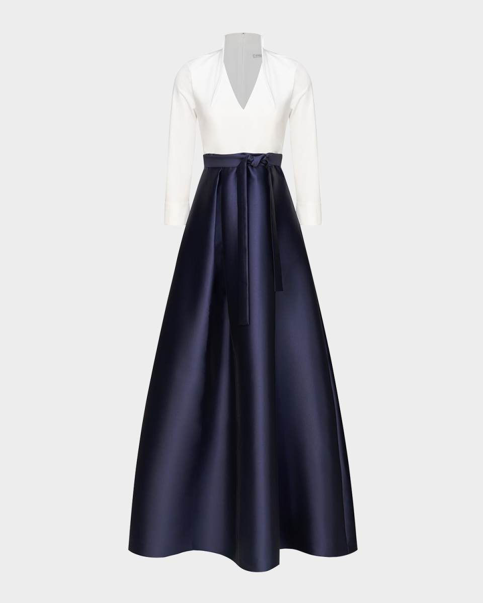 Phoebe 3/4-Sleeve Collared Poplin A-Line Gown
